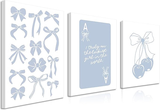 Trendy Preppy Canvas Wall Art Set of 3, Light Blue Bow Picture Wall Decor Paintings, Poker Lucky Coquette Room Posters Prints for Dorm College Apartment Bedroom 12x16In Framed