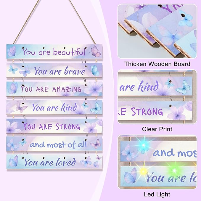 FIOBEE Girls Room Décor for Teen Girls Boys with LED Light Wall Decor for Bedroom Motivational Inspirational Wall Art Girl Room Decoration for Kids Studyroom, 8 Kinds of Lights, Blue Purple Butterfly