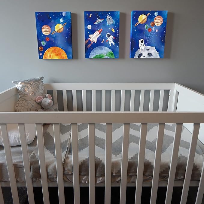 CHDITB Framed Outer Space Art Prints Cartoon Watercolor Planet Wall Art Set of 3 Pieces (11.8x15.6inch), Universe Theme Canvas Painting, Spaceship, Astronaut For Kids Room Nursery Decor-Ready to Hang