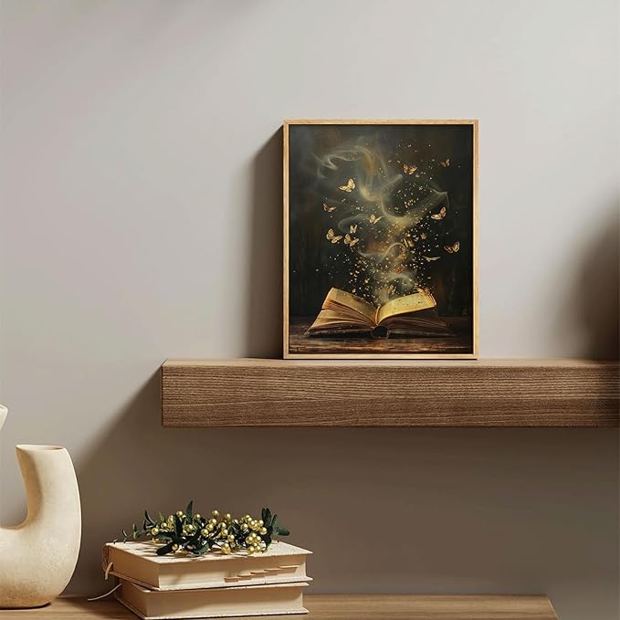 Framed Moody Victorian Bookish Wall Art Dark Academia Library Canvas Wall Decor Picture Vintage Reading Nook Butterfly Aesthetic Painting Poster Print for Gallery Library Bookstore Decoration 12x16in