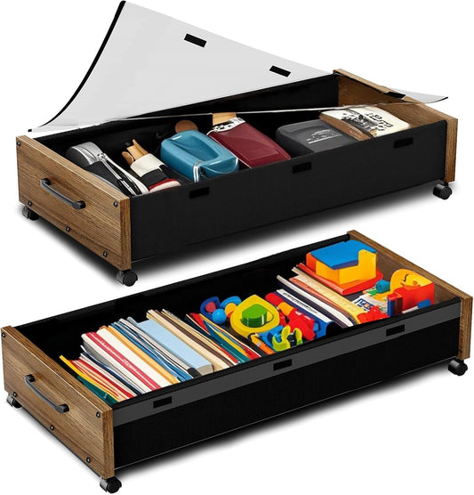 Wooden Under Bed Storage with Wheels, 80L Extra-large Rolling Under the Bed Storage Bins 2 Pack with Removable Lid, Upgrade Metal Under Bed Drawers for Clothes Shoes Blankets in Bedroom