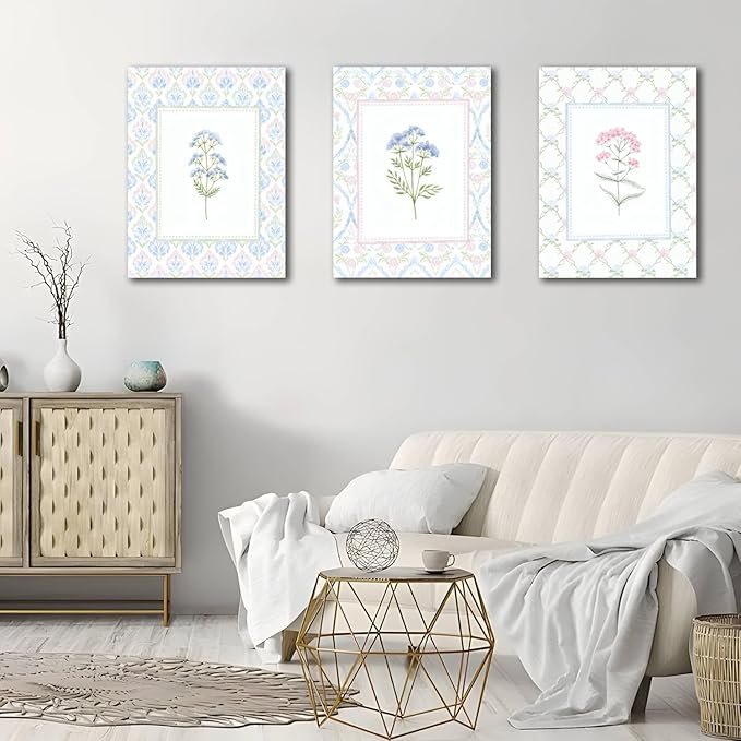 Wildflower Nursery Wall Art Decor Baby Girl Room Canvas Prints Pastel Floral Wall Art Botanical Flower Pictures Pink Blue Wildflower Painting Artwork for Baby Nursery, Kids Room, or Girls Bedroom, Boho Nursery Wall Decor12x Inch Framed