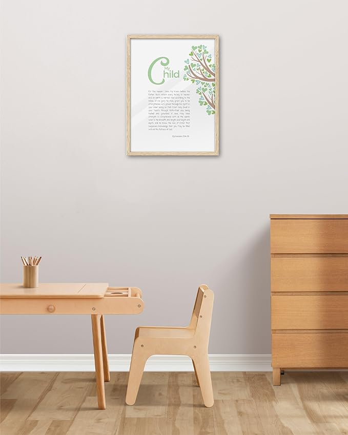 KensTro Natural OAK Wood Nursery Decor Framed Wall Art, 12x16 in Inspirational Christian Bible Verse Wall Art,My Child Prayer Ephesians 3:14-19 Print for Boys Girls Playroom Bedroom Decor Set of 1