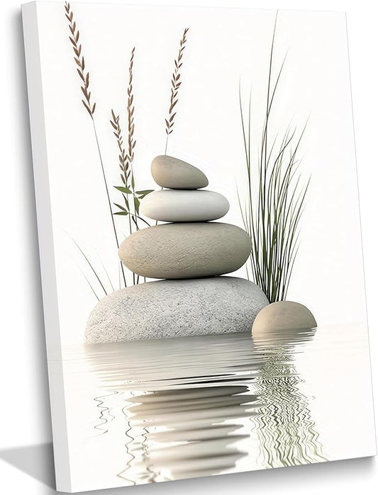 KBIERQN Zen Stone Canvas Wall Art Stacked Stones in Water Poster Print Tranquil Wild Grass Painting Picture for Spa Yoga Meditation Room Bathroom Wall Decor 16x24in Framed Ready to Hang