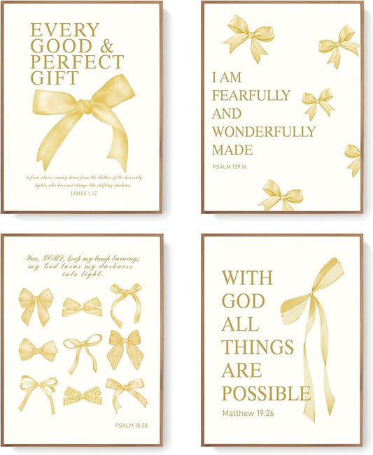 LARTSFRO Coquette Yellow Bow Wall Art Decor Posters, Butter Yellow Bow Room Bedroom Bathroom Dorm Wall Art Decor Aesthetic for College Teen Girls Gifts, Inspirational Bible Verses Bow Wall Decor, 12x16 Inch Set of 4 Pcs Bow Pictures (UNFRAMED)