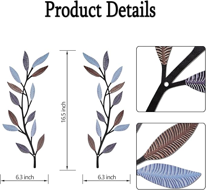 AHYS Metal Tree Leaf Wall Decor 2 PCS Rustic Vine Branch Leaf Wall Art for Living Room Bedroom Bathroom Decorations - Elegant Color
