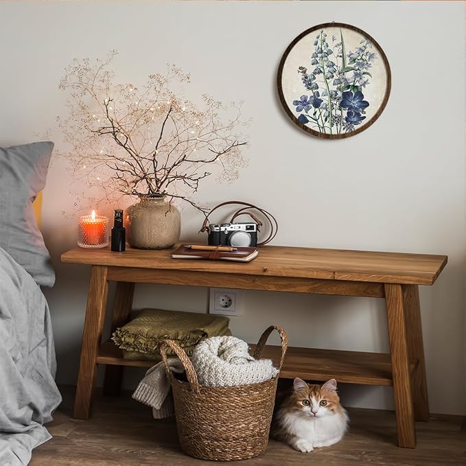 BIWSHA Vintage Blue Floral French Country Wall Art Decor, Antique Wildflower Flower Botanical Round Wooden Wall Hanging Decor for Home Bedroom Living Room Bathroom Office, 10 Inch Diameter