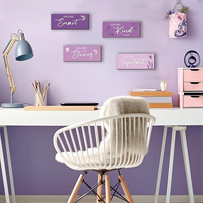 FENCORDAR 4 Pcs Butterfly Wall Decor Girls Room Decor Wooden Purple Wall Decor Positive Butterfly Wall Art Prints Inspirational Gift for Teen Girls Women Room Nursery Bedroom Bathroom(Purple, 10x4)