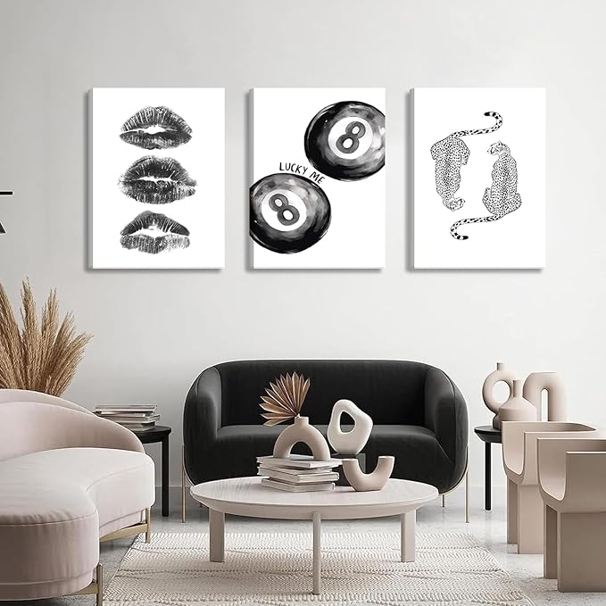 BOKPEN Trendy Black and White Leopard Canvas Wall Art,Funky Y2k Lucky 8 Ball Posters,Retro Kiss Lips Print Picture,Cheetah Prints Aesthetic for Girls Room College Dorm Home Decor (16x24 canvas)