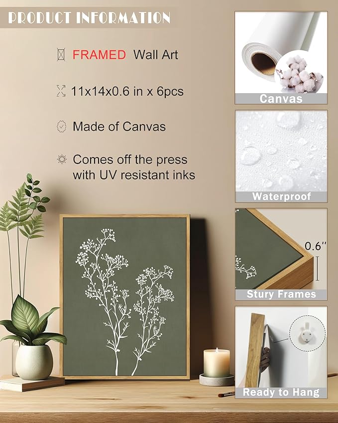 Drsoum Botanical Wall Art Framed Boho Wall Art Decor Wooded Vintage Print Modern Farmhouse Home Kitchen Decor 11x14inx6pcs Neutral Framed