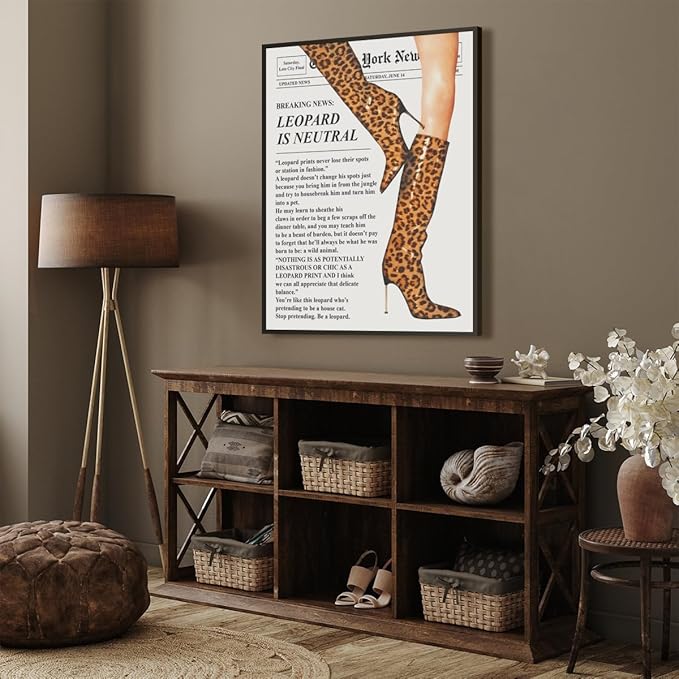 Trendy Newspaper Posters Vintage Leopard Boots Poster Feminist Canvas Prints Retro Fashion Bar Cart Magazine Cover Wall Art for Hot Girl Preppy Y2k Aesthetic Room Home Decor 12x16inch black framed