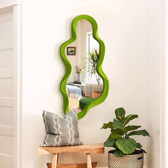Green Wall Mirror Decor for Hallway Entryway, Large 13.8x29.7 Asymmetrical Decorative Mirrors for Home Office Living Room, Funky Home Decor for Housewarming Christmas Wedding Gift (Lawn Green)