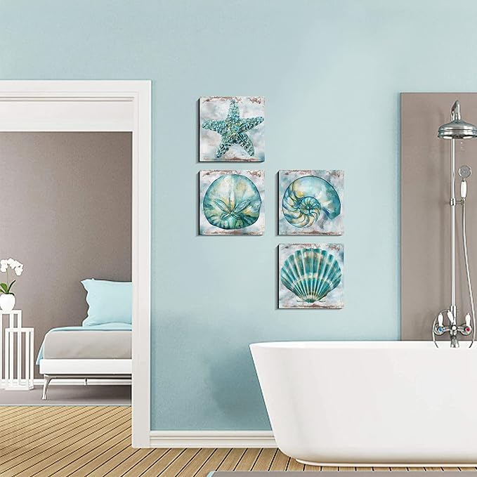 Coastal Wall Art Conch Wall Bathroom Decor Teal Vintage Beach Shell Canvas Prints Pictures Home Decoration 16x16 4Pcs/Set Rustic Watercolor Starfish Poster Painting Modern Spa Bedroom Framed Artwork