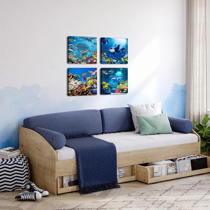 Beach Wall Art Bathroom Decor Ocean Animals Canvas Prints Sea Turtle Dolphin Picture for Living Room Kids Bedroom Colorful Coastal Seascape Artwork Nautical Theme Painting Home Decorations 16x16” 4Pcs