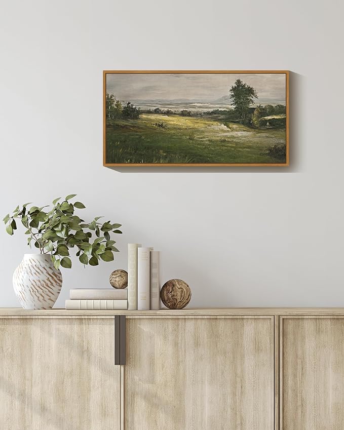 SHENIFY Vintage Framed Wall Art The Vast Grassland Wilderness Landscape Painting Retro Meadow Scenery Farmhouse Kitchen Living Room Decor - 8x16in Natural Framed
