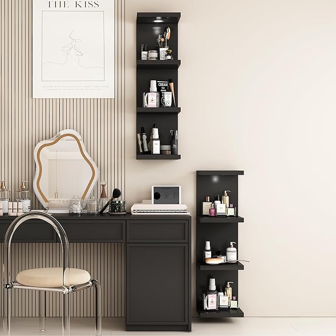 Versatile 4 Tier Wall Shelf Unit,Black Lack Wall Shelf,Display Floating Shelf with LED Remote Control Light