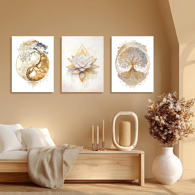 GELDSTEI Tree of Life Wall Art, Calming Zen Wall Decor, Abstract Yin Yang Tree Canvas Painting, Modern Gold Lotus Flower Meditation Poster Print for Living Room Yoga Room Bedroom Framed Set of 3, Each 12x16 Inch