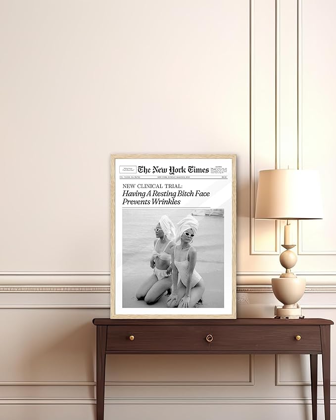 iHery Funny Having A Prevents Wrinkles Framed Trendy Hot Girls NewsPaper Wall Art, Natural OAK Wood 8x10in Canvas Wall Art,Retro Magazine Vintage Bar Cart Living Room Home Décor 1Pack