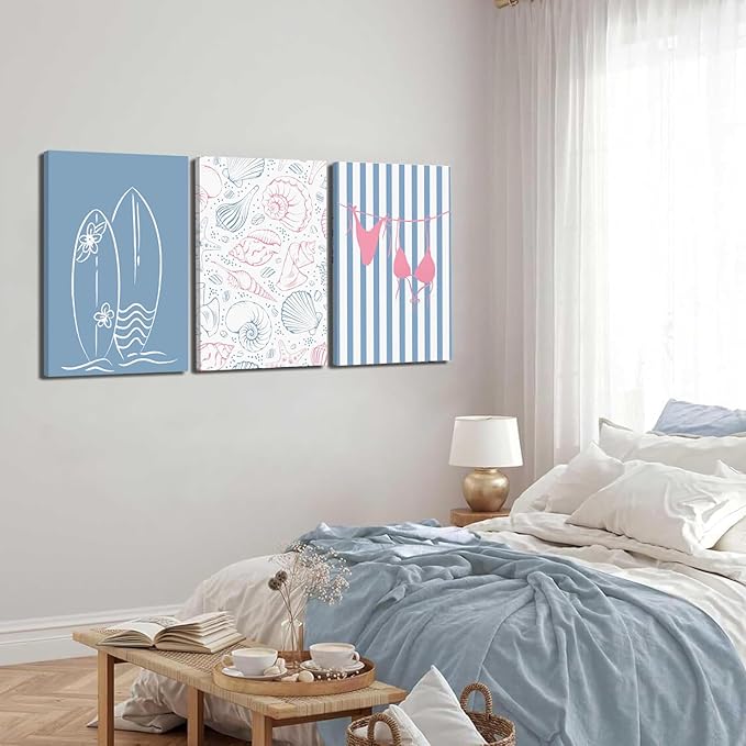 Beach Themed Wall Art Set of 3, Trendy Preppy Blue Surfboard Bikini Seashell Canvas Prints, Coastal Ocean Nautical Wall Decor Artwork for Bathroom Bedroom Living Room Home Decor 12x16 In Framed