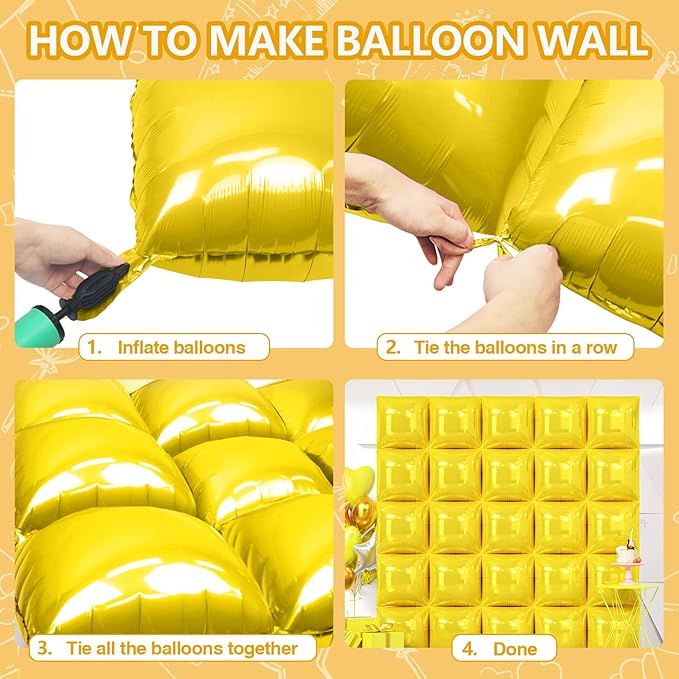 NISOCY 25PCS Yellow Square Foil Balloons Wall Backdrop Thanksgiving Fall Color Balloons Double Sided Balloons Tunnel Arch Kit for Baby Shower Birthday Wedding Sunflower Bee Theme Party Decoration