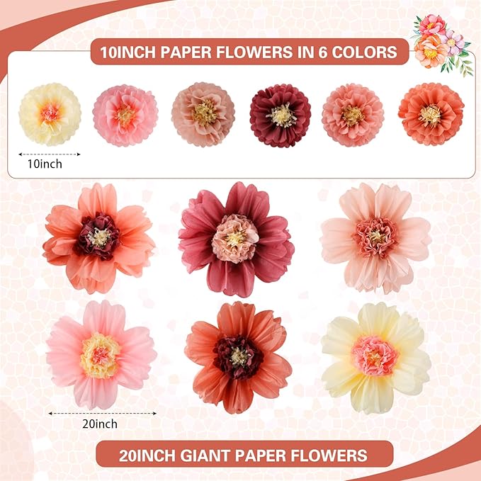 Crowye 12 Pcs Large Colorful Tissue Paper Flowers Decorations 20" Giant Fiesta Craft Crepe Paper Flowers for Wall Decor Backdrop Mexican Wedding Birthday Carnival Party (Vintage Color)