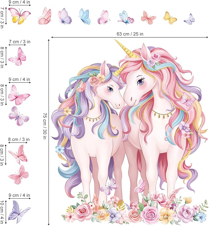 decalmile 2 Large Size Unicorn Wall Decals Unicorn Flower Butterfly Wall Stickers Baby Nursery Kids Room Girls Bedroom Wall Decor