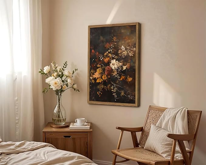 Framed Vintage Floral Wall Art，Gothic Moody Dark Flower Art Prints Painting，Victorian Canvas Fall Otanical Pictures Decor for Living Room Bedroom Diningroom 12x16 inch