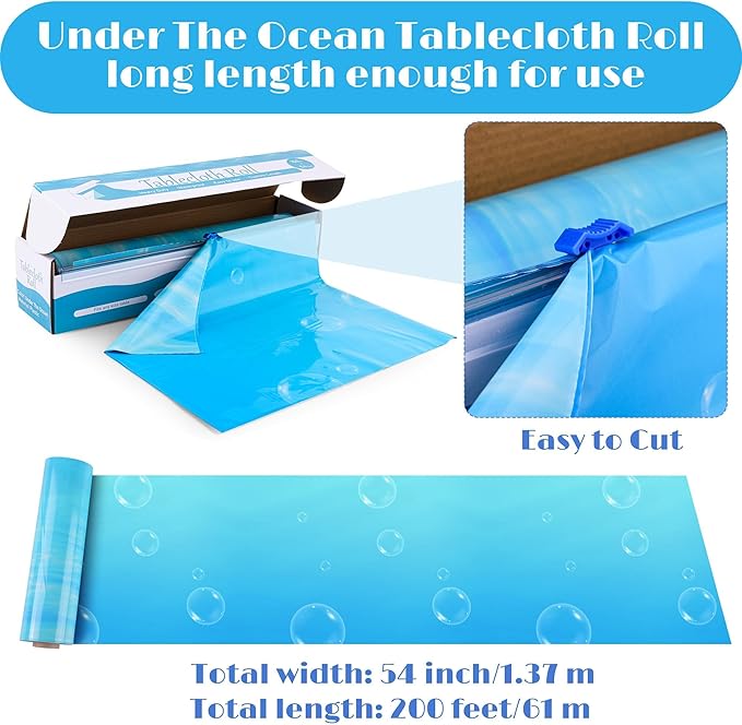 Kochorie 54 Inch x 200 Ft Ocean Waves Plastic Tablecloth Roll in Slide Cutter Box Under the Sea Table Cover Blue Water Print Backdrop Bulletin Board Plastic Roll for Beach Pool Birthday Party Decor
