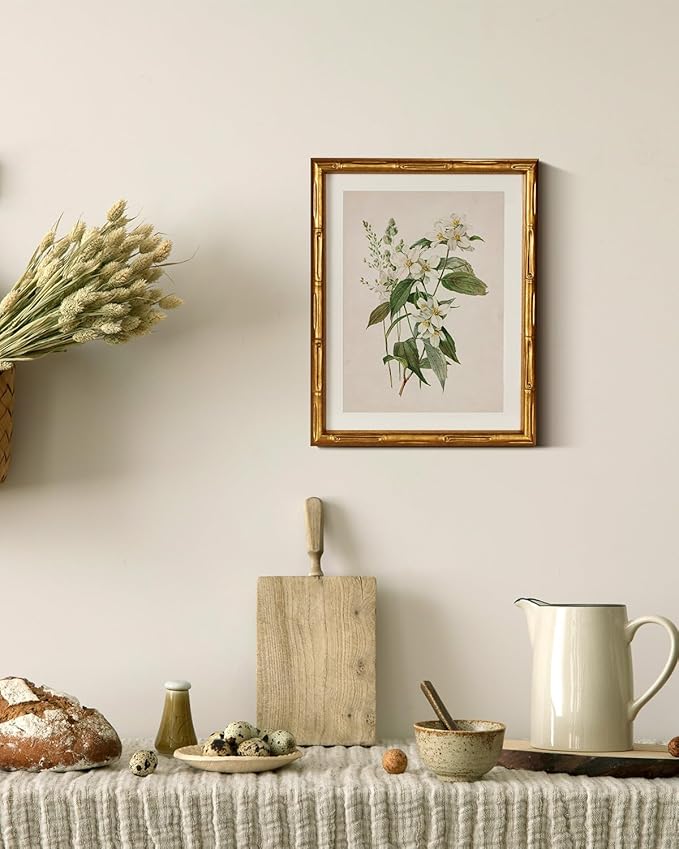 InSimSea Gold Bamboo Framed Canvas Wall Art, Neutral Floral Botanical Paintings, Antique Vintage Picture Frame with Mat, Victorian Home Wall Decor for Living Room Bedroom, 11x14inch