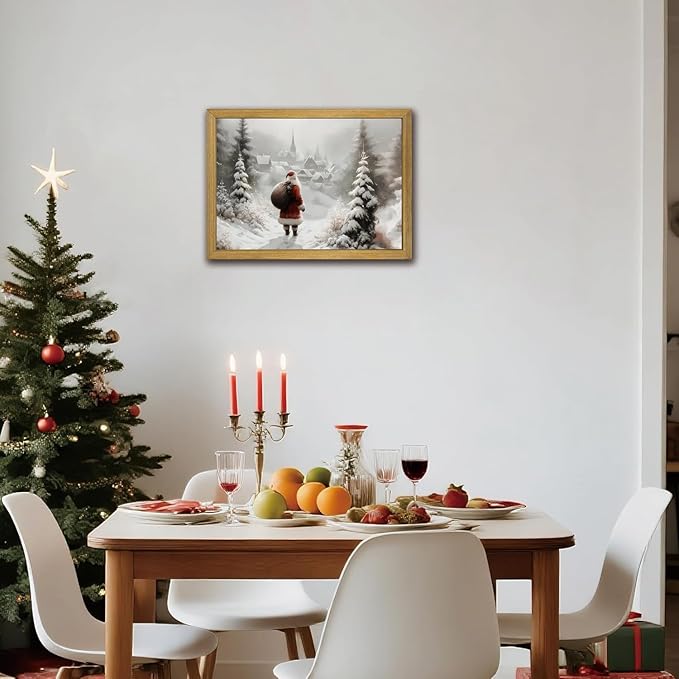 Vintage Christmas Canvas Wall Art, Wood Framed Santa Claus Wall Decor Painting, Rustic Farmhouse Winter Snow Scene Poster Print Picture 12x16 inch, Best Holiday Decor for Living Room Bedroom Home