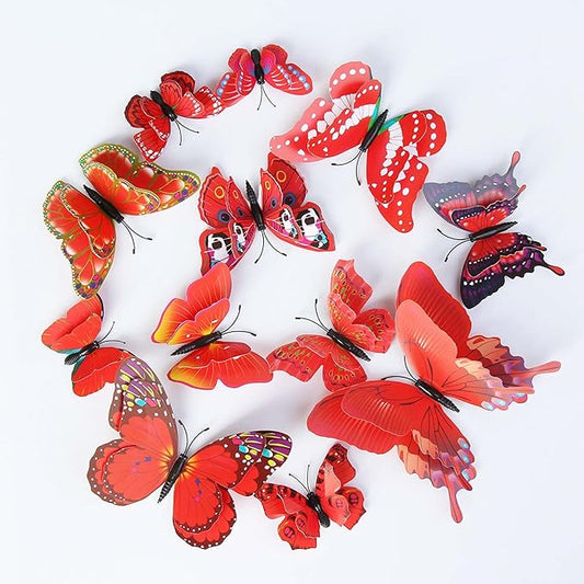 Butterfly Wall Decor 72 PCS, 3D Butterflies Stickers for Party Decorations with Magnets (Red, 72)