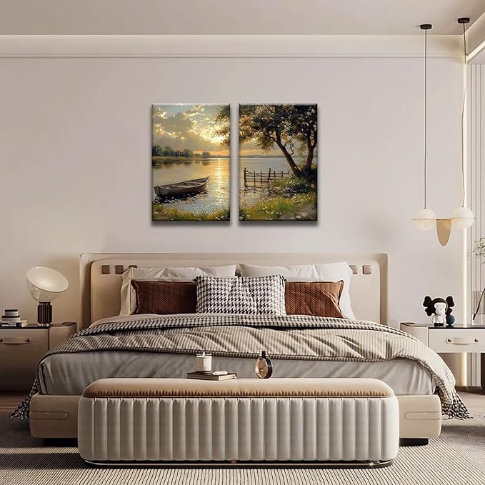 2Pcs Framed Fall Landscape Canvas Wall Art, Lake Boat Forest Art Prints, Autumn Scenery Nature Decor Pictures, Rustic Gold Paintings Wall Decor Living Room, Bedroom, Office 16x24in
