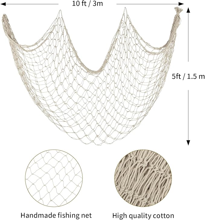 ZUEXT Beige Decorative Fishing Net 5x10 ft, Large Picture Fish Net 3mm Thick, Wall Photo Hanging Fishnet Table Runner for Nautical Mermaid Pirate Ocean Themed Hawaii Beach Under the Sea Party Decorations