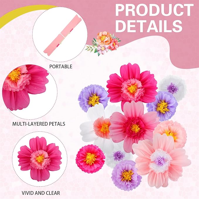 Crowye 24 Pcs Large Colorful Tissue Paper Flowers Decorations 20" Giant Fiesta Craft Crepe Paper Flowers for Wall Decor Backdrop Mexican Wedding Birthday Carnival Party (Bright Color)