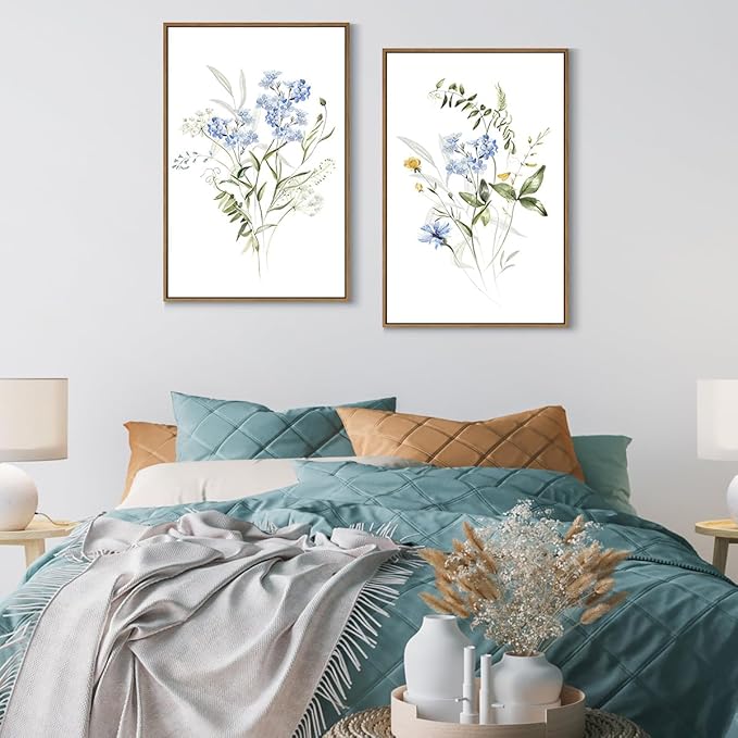 Watercolor Floral Wall Art Blue Yellow Flower Canvas Art Pints Nature Botanical Plants Painting Minimalist Wall Decor Stretched and Framed for Bedroom Bathroom Home Office Decoration - 16"x24"x2Pcs