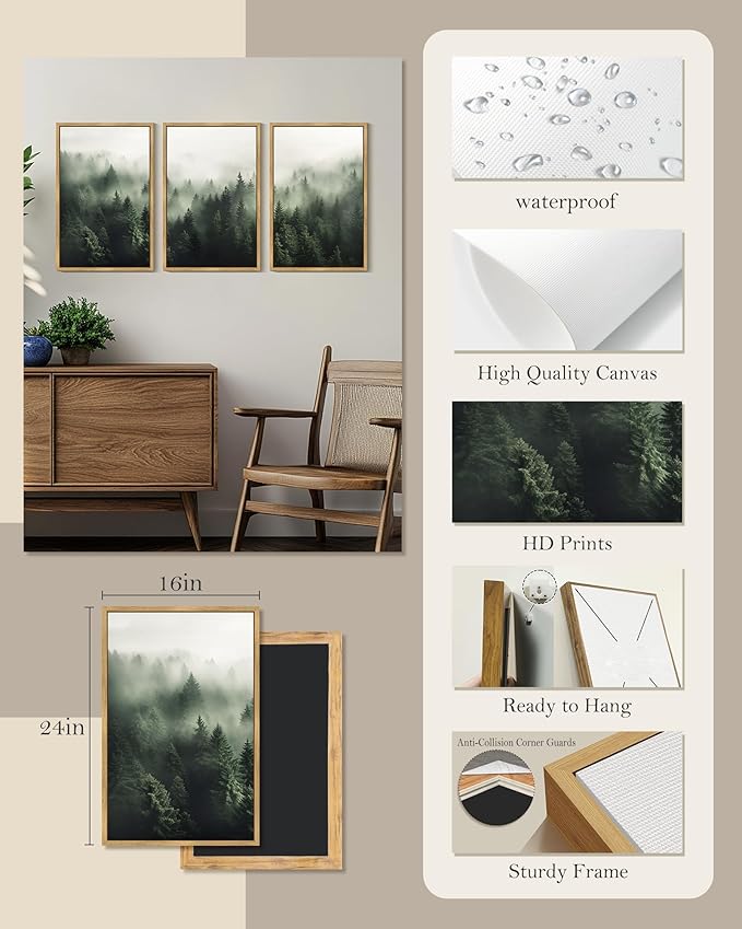 SHENIFY Green Fog Pine Tree Forest Canvas Wall Art Large 16x24in Framed Nature Modern Artwork Prints Decor - Natural Framed