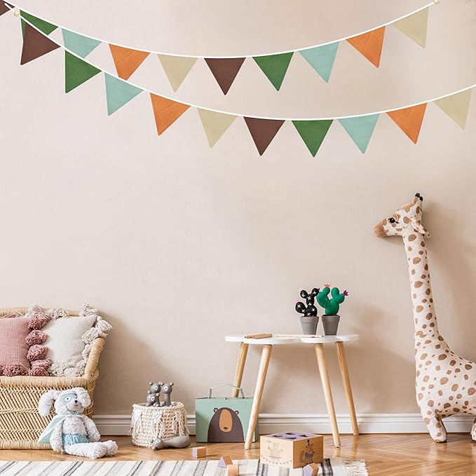 2 Sets of Orange Green Brown Pennant Banner 20Pcs Nursery Garland Flags Fabric Linen Triangle Streamers for Baby's Room Decor Kids Camping Jungle Safari Animal Birthday Baby Shower Party Decorations