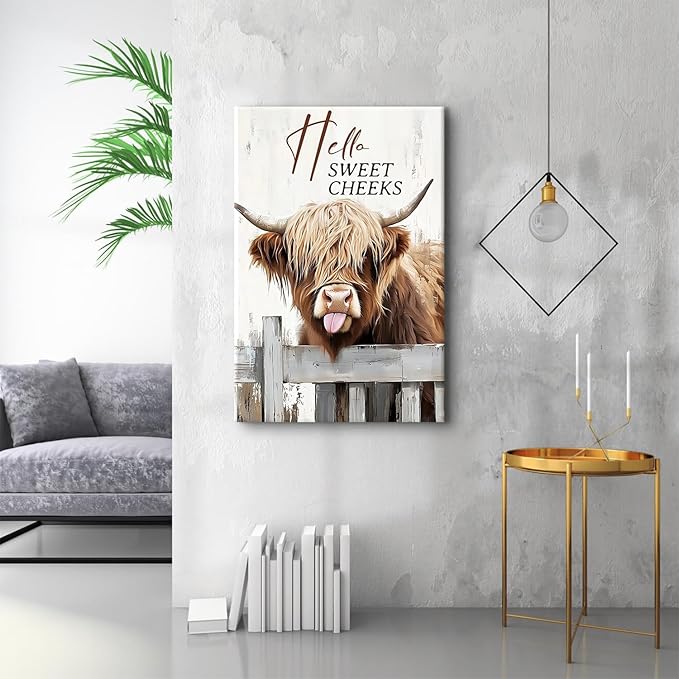 Large Funny Highland Cow Canvas Wall Art for Living Room Kitchen, Hello Sweet Cheeks Bathroom Decor Western Picture Prints Painting Rustic Farmhouse Prints Framed Artwork Home Decorations 32x48"