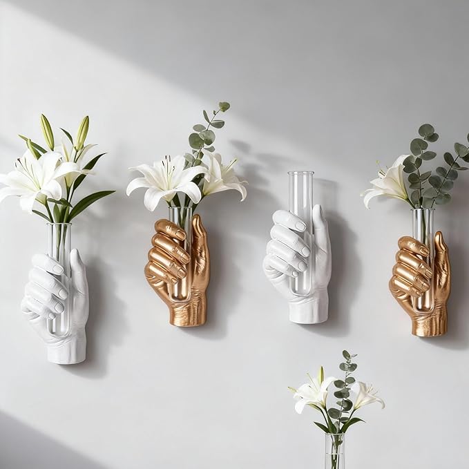 White Wall Hand Vase,Vintage Art Decor,Life-Size Hand Sculpture with Glass Test Tube Vase,Unique Wall Art Statue for Indoor or Outdoor,Maximalist Boho Whimsical Decor, for Women