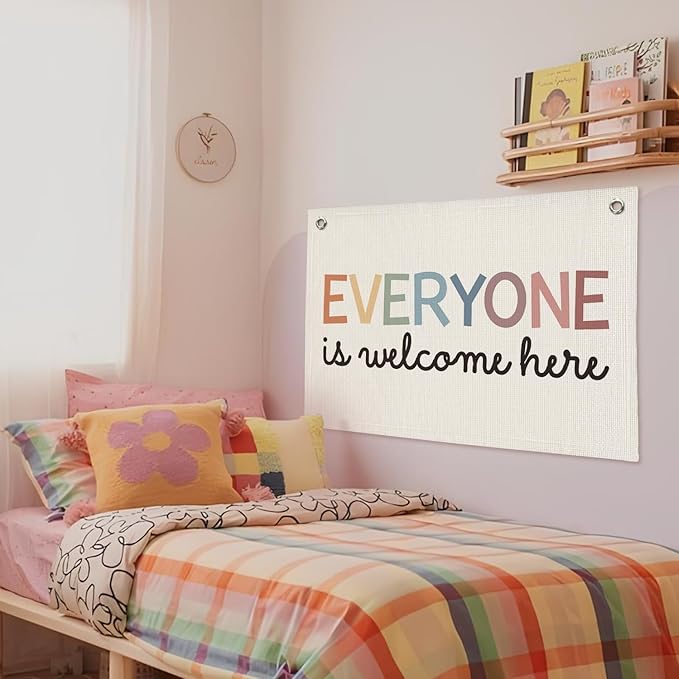 Welcome Sign for Classroom, Boho Classroom Must Haves Decorations for Teachers, Neutral Cute Everyone is Welcome Here Linen Canvas Banner