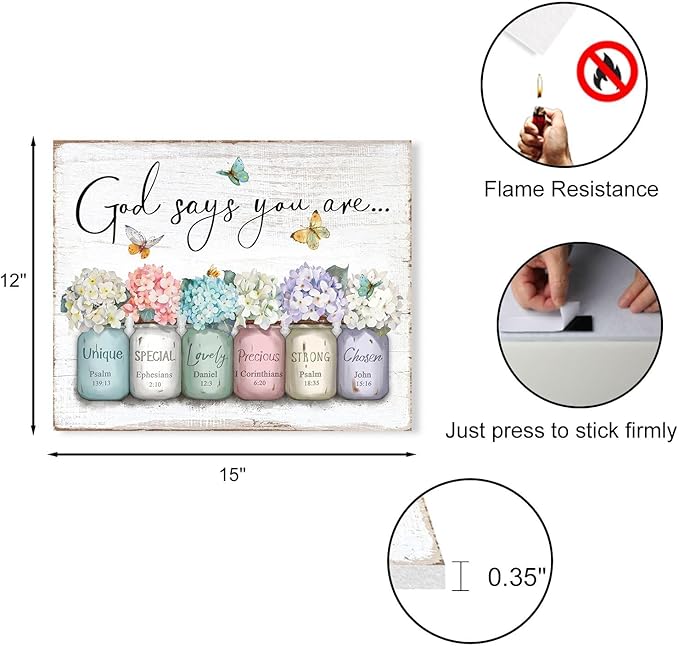 Inspirational Bible Verse Wall Art: God Says You Are Wall Sayings Flowers in Mason Jar Picture Print Christian Gift Quotes Poster for Women Girl Bedroom Decor 12" x 15"