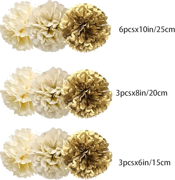 Gold Champagne Gold and Ivory Paper Pom Poms for Wedding Birthday Gold Party Decoration - Ceiling Wall Hanging Tissue Flowers - 12pcs 3 Colors of 12 Inch 10 Inch 8 Inch
