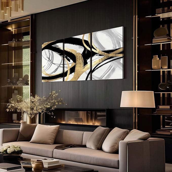 3Pcs Framed Abstract Wall Art Gold Black and White Lines Picture Canvas Prints Modern Line Prints Living Room Bedroom Office Poster Gallery Home Decor 12x16 Inch Ready to Hang