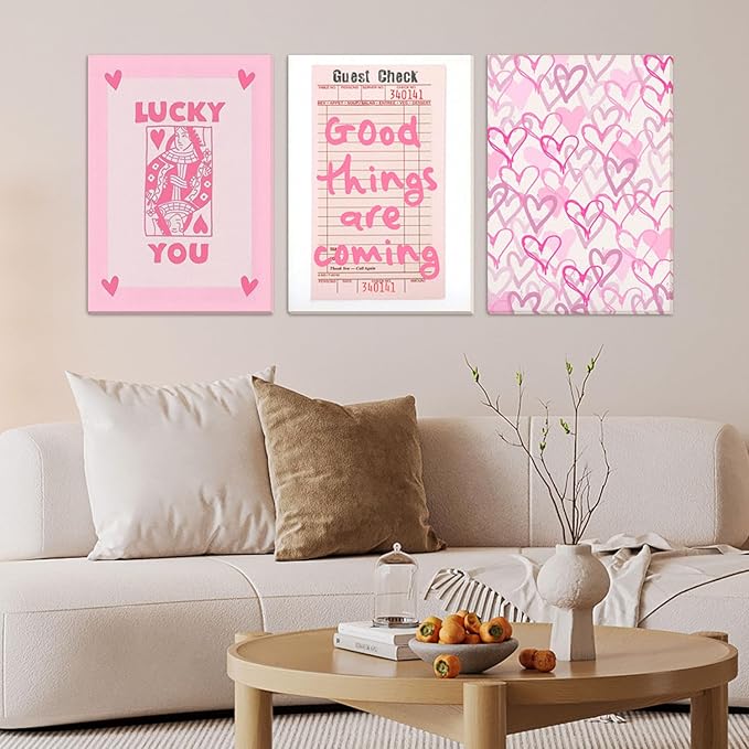 Djmwtb 3 Piece Canvas Wall Art Preppy Wall Decor Lucky You Pictures Hearts Prints Guest Check Painting Y2K Artwork for Bedroom Bathroom 12x16in Framed