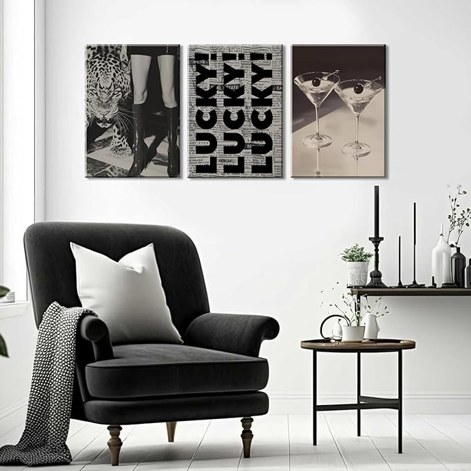 Trendy Leopard Canvas Wall Art Fashion Cheetah Lucky Martini Wall Decor Pictures Funky Vintage Preppy Luxury Aesthetic Posters Prints for Girly Bedroom Apartment Dorm Decoration 16x24in