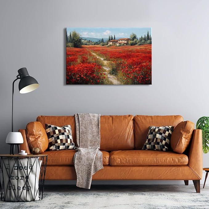 Red Poppy Wall Art Abstract Flowers Landscape Canvas Wall Decor Nature Wildflower Paintings Pictures Rural Floral Field Scenery Posters Farmhouse Artwork for Bedroom Bathroom Home Decorations 24x36"