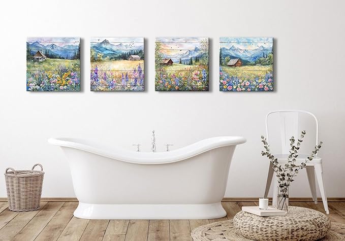 Colorful Wildflower Wall Art Farmhouse Floral Scenery Pictures Rustic Flower Landscape Canvas Painting Mountain Poster Prints Nature Artwork for Living Room Bathroom Modern Home Decorations 20x20” 4P