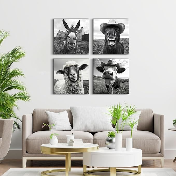 Farmhouse Cow Canvas Wall Art Humor Animals Pictures Sheep Donkey Horse Wall Decor Black and White Prints Artwork 20x20”, Nature Farm Animal with Cowboy Hat Posters Paintings Cabin Home Decorations