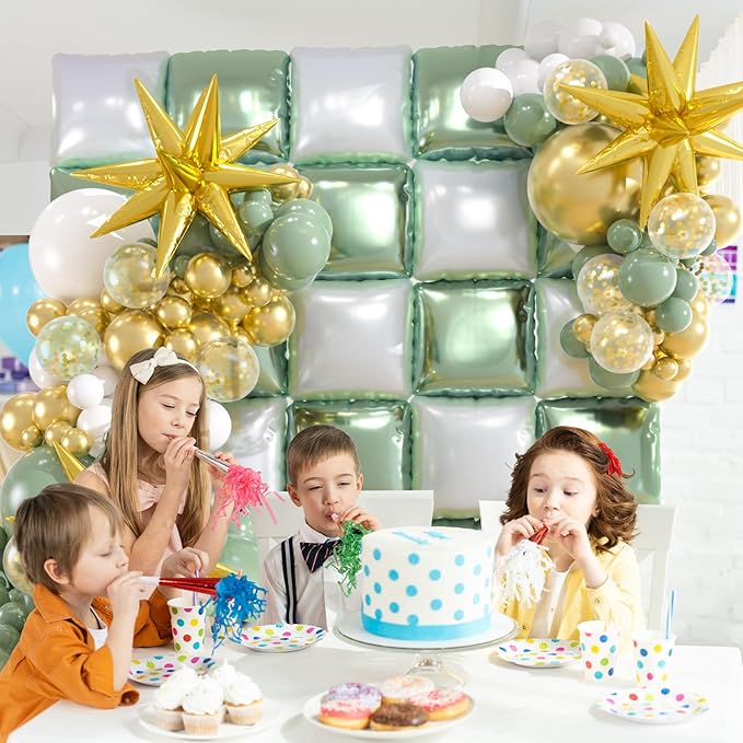 25pcs Green and White Foil Square Balloon Backdrop Wall &149pcs Sage Green Gold White Balloons Arch, Double Sided Balloon Tunnel with for Birthday Baby Shower Graduation Party Decor