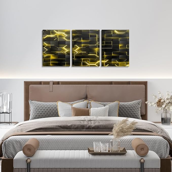 Feelyou Yellow and Black Picture Wall Decor 12"x16" 3 Piece Honeycomb Canvas Wall Art Decor Hexagon Theme Office Decorations Artwork Posters Geometrical Beehive Painting